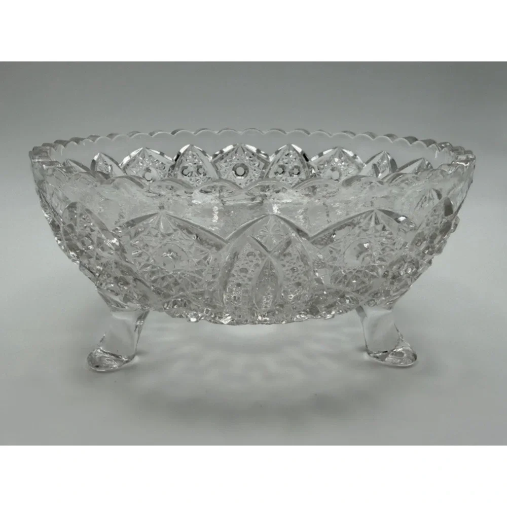 Vintage American Brilliant Period Cut Glass Footed Bowl Scalloped Edge 7
